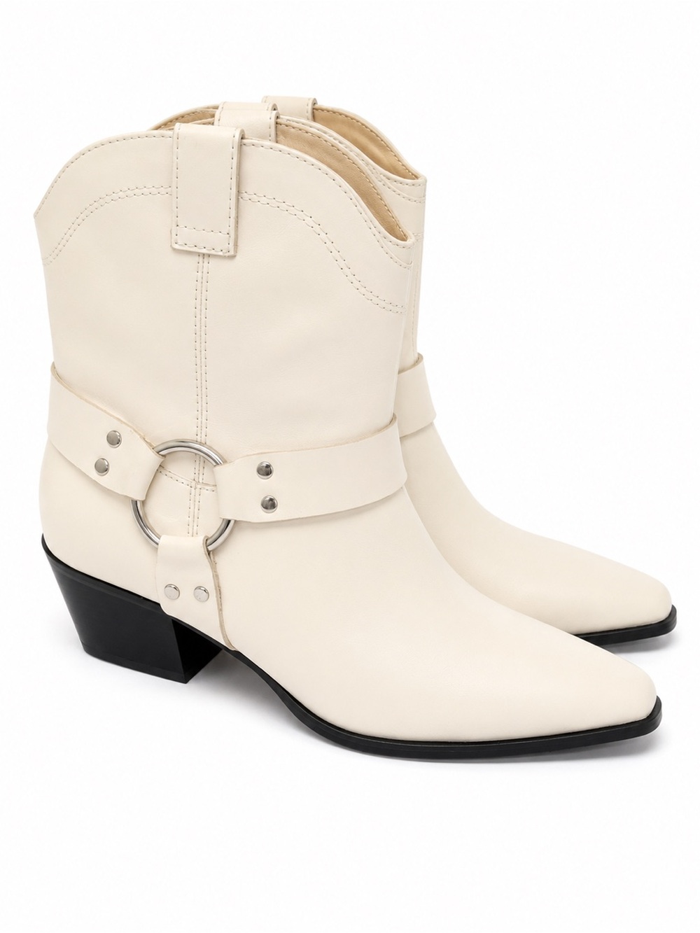 Open Edit Enzo Women's Ecru Western Harness Ankle Boots with Ring Strap EUC